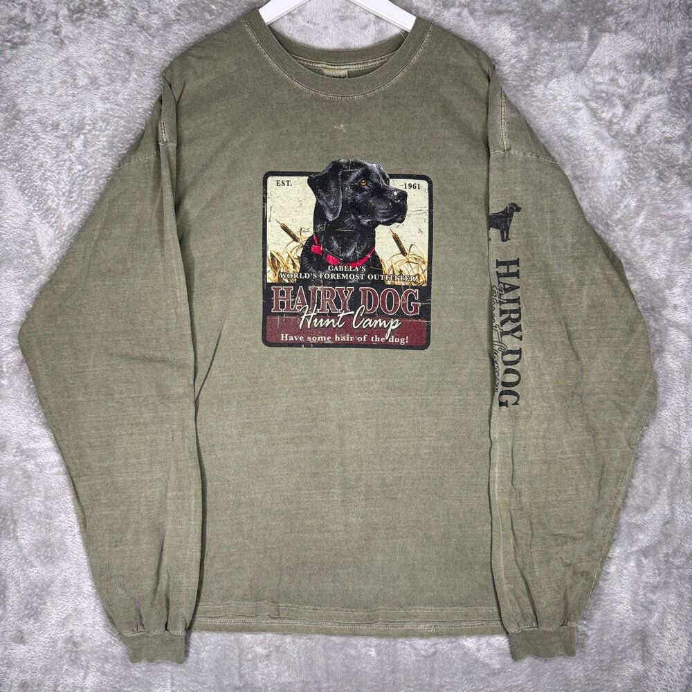 Vtg 90s Cabelas T-Shirt Mens XL Green Hairy Dog Hunt Camp Long Sleeve Black Lab